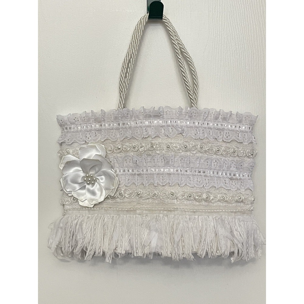 Vintage Y2K Ivory Lace Whimsy Cottagecore Tote Purse Satin Flower NWOT
